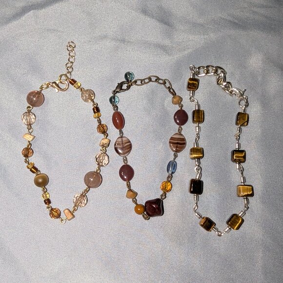 $3 with Bundle ~ Earthy Gemstone Beaded Bracelet Set – Tiger’s Eye & Agate 4110 - Picture 1 of 4